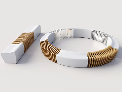 Modern Minimalist Landscape Seats With Circular Ring And Rectangular Block White Body Wooden Striped Design 3d model