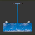 Blue Snow Shovel With Wheels And Snow On Blade For Winter Snow Removal Equipment