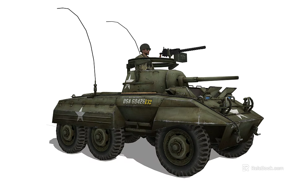 Military Six Wheeled Utility Vehicle With Soldier Machine Gun Main Cannon Antennas And ID Number 3d model 