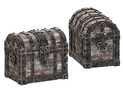 Two Vintage Wooden Chests With Metal Rivets And Antique Decorative Design 3d model