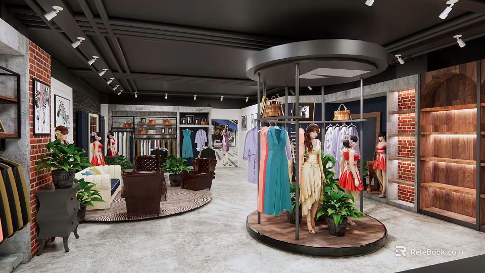 Modern Clothing Store Interior Featuring Mannequins Dresses Clothing Racks Green Plants And Seating Area 3d model 
