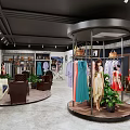 Modern Clothing Store Interior Featuring Mannequins Dresses Clothing Racks Green Plants And Seating Area