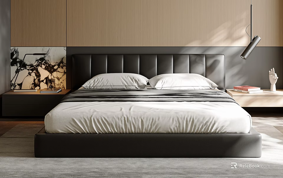 Modern Minimalist Double Bed With Black Headboard White Sheets Wooden Wall And Soft Lighting 3d model 