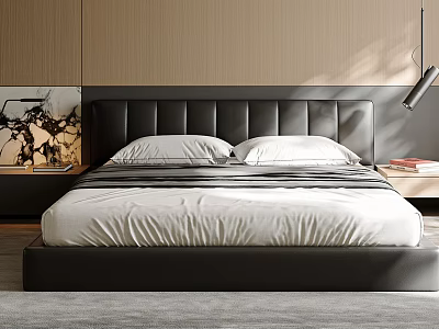Modern Minimalist Double Bed With Black Headboard White Sheets Wooden Wall And Soft Lighting 3d model