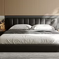 Modern Minimalist Double Bed With Black Headboard White Sheets Wooden Wall And Soft Lighting