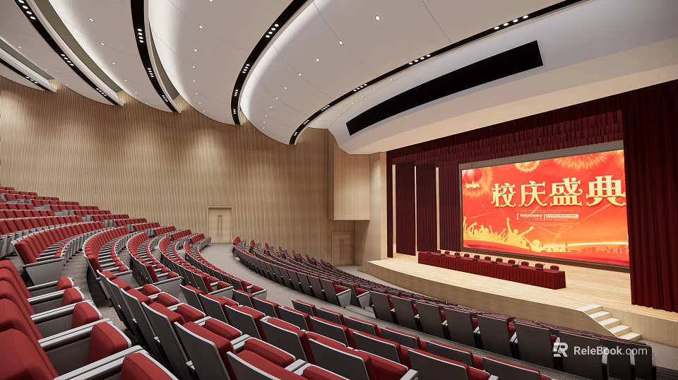 Spacious Conference Room With Tiered Red Seats And Stage And Red Backdrop Screen For Events 3d model 