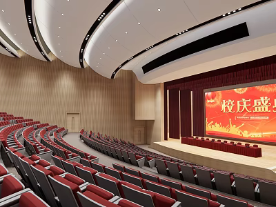 Spacious Conference Room With Tiered Red Seats And Stage And Red Backdrop Screen For Events 3d model