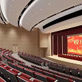 Spacious Conference Room With Tiered Red Seats And Stage And Red Backdrop Screen For Events