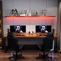 Gaming Office Desk With Dual Monitors Showing Character Keyboard Mouse Mug Gaming Chairs Red Lighting