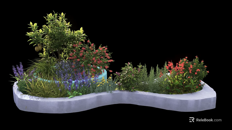 Curved Tree Planter With Green Trees Colorful Flowers And Various Plants 3d model 