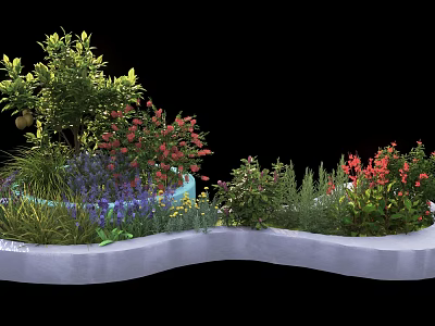 Curved Tree Planter With Green Trees Colorful Flowers And Various Plants 3d model