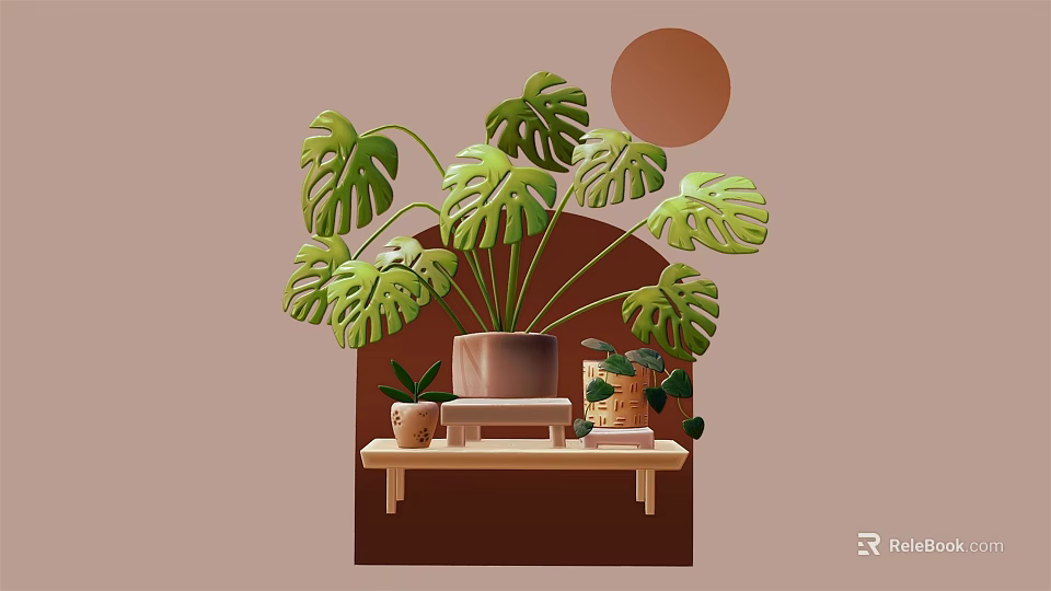 Cartoon Scene With Lush Monstera Leaves On Wooden Shelf And Small Pots With Round Decor 3d model 