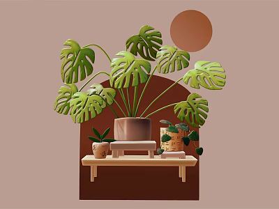 Cartoon Scene With Lush Monstera Leaves On Wooden Shelf And Small Pots With Round Decor 3d model