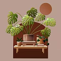 Cartoon Scene With Lush Monstera Leaves On Wooden Shelf And Small Pots With Round Decor