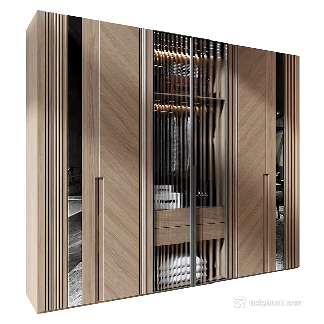 Modern Wooden Wardrobe With Glass Doors Interior Featuring Hanging Rails Drawers And Folded Clothes 3d model 