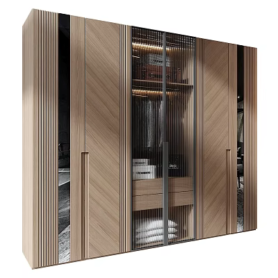 Modern Wooden Wardrobe With Glass Doors Interior Featuring Hanging Rails Drawers And Folded Clothes 3d model