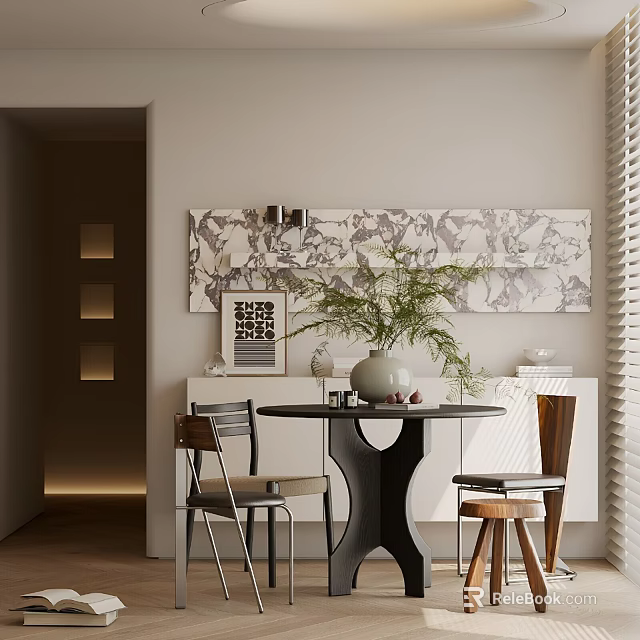 Modern Restaurant Interior With Round Table Wooden Chairs Marble Art And Green Plant 3d model 