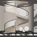 Elegant Modern Spiral Staircase With Glass Handrail And Spherical Lamps