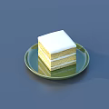 Delicious Square Layered Cake with White Cream and Frosting on Green Plate