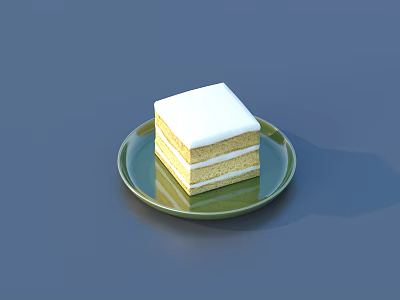 Delicious Square Layered Cake with White Cream and Frosting on Green Plate 3d model