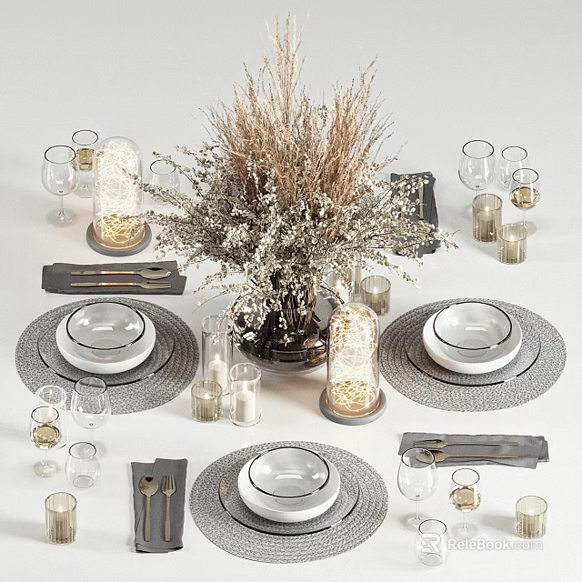 Elegant Decorative Ornament Sets With Dried Flowers Lanterns Plates And Wine Glasses 3d model 