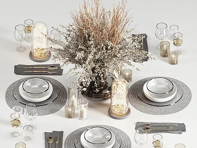 Elegant Decorative Ornament Sets With Dried Flowers Lanterns Plates And Wine Glasses 3d model