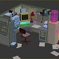 Office Desk in Office Cubicle with Old Fashioned Computer Papers Desk Lamp and Water Dispenser