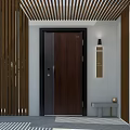 Dark Brown Wooden Hinged Door In Entryway With Vertical Slats Wall Lamp And Decorative Ball