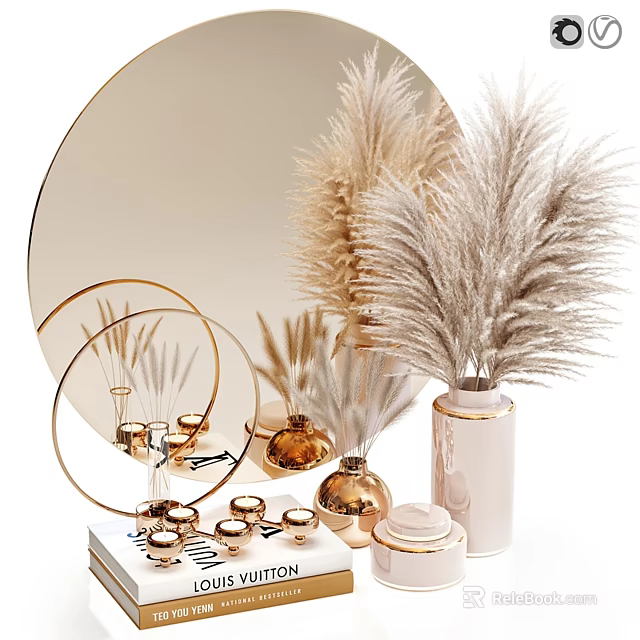 Decorative Ornament Set with Circular Mirror Golden Accents Pampas Grass Vases and Small Decorative Cups 3d model 