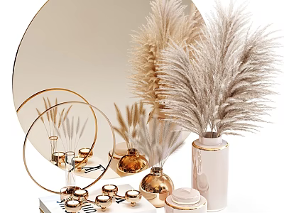 Decorative Ornament Set with Circular Mirror Golden Accents Pampas Grass Vases and Small Decorative Cups 3d model
