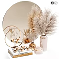 Decorative Ornament Set with Circular Mirror Golden Accents Pampas Grass Vases and Small Decorative Cups