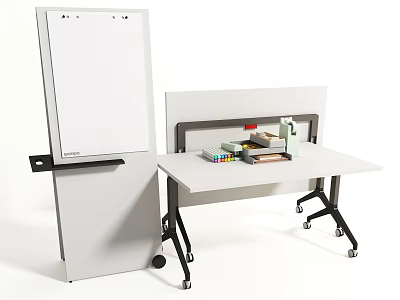 White Office Desk With Mobile Flip Chart And Colorful Building Blocks On Top 3d model