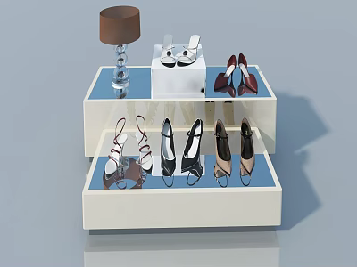 Swing Door Display Cabinet With Shoes And Table Lamp On Shelves 3d model