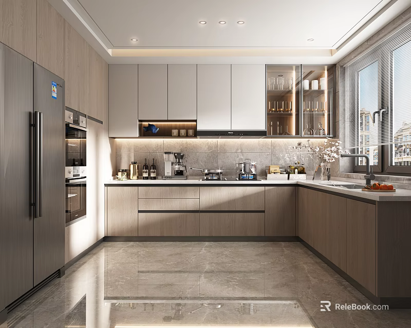 Modern Kitchen Interior With Light Wood Cabinets Stainless Steel Appliances And Marble Countertops 3d model 