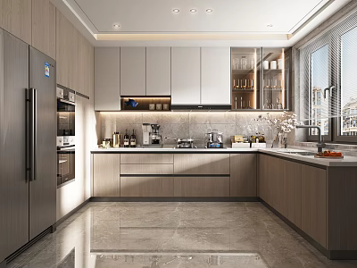Modern Kitchen Interior With Light Wood Cabinets Stainless Steel Appliances And Marble Countertops 3d model