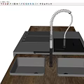 Modern Kitchen Faucet With Pull Down Hose And Double Stainless Steel Sinks On Wooden Countertop
