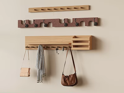 Wooden Wall Mounted Hooks With Multiple Tiers For Hanging Bags And Scarves 3d model