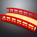 Japanese Style Red Arch Bridge With Red Railings And Light Colored Deck