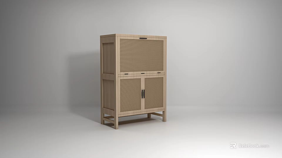Minimalist Wooden Decorative Cabinet With Rattan Door Panels Storage Shelves And Wooden Legs 3d model 