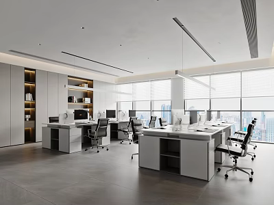 Modern Public Office Space With Open Layout Large Windows And Ergonomic Office Desks 3d model