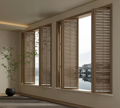 Wooden Window Blinds In Modern Room With Indoor Plant And Scenic View 3d model