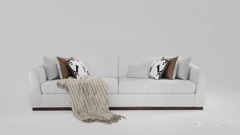 Light Gray Two-Seater Sofa with White Black Pattern Brown Cushions Throw Blanket and Wooden Legs 3d model 