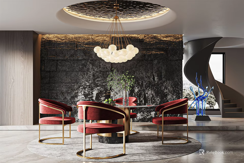 Elegant Restaurant Interior With Red Chairs Gold Legs Round Table Stone Wall And Chandelier 3d model 