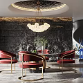 Elegant Restaurant Interior With Red Chairs Gold Legs Round Table Stone Wall And Chandelier