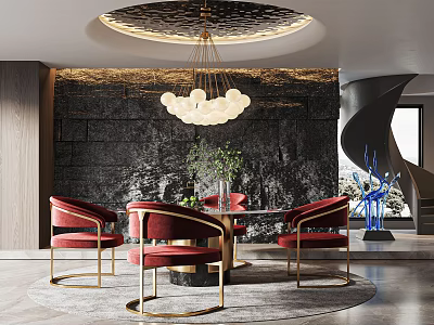 Elegant Restaurant Interior With Red Chairs Gold Legs Round Table Stone Wall And Chandelier 3d model