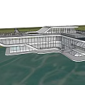 Modern Streamlined Visitor Center With Glass Curtain Wall And Water Reflection View 3d model