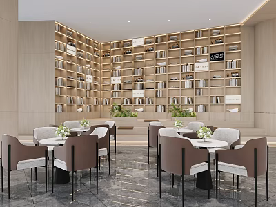 Light Luxury Modern Sales Office Lounge With Full Wall Bookshelf And Elegant Comfortable Seats 3d model
