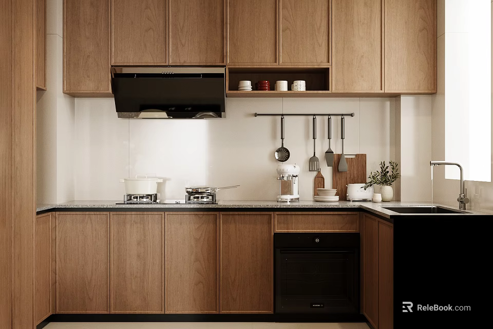 Modern Kitchen Interior With Wooden Cabinets Black Range Hood Hanging Utensils Sink And Oven 3d model 