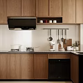 Modern Kitchen Interior With Wooden Cabinets Black Range Hood Hanging Utensils Sink And Oven
