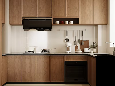 Modern Kitchen Interior With Wooden Cabinets Black Range Hood Hanging Utensils Sink And Oven 3d model